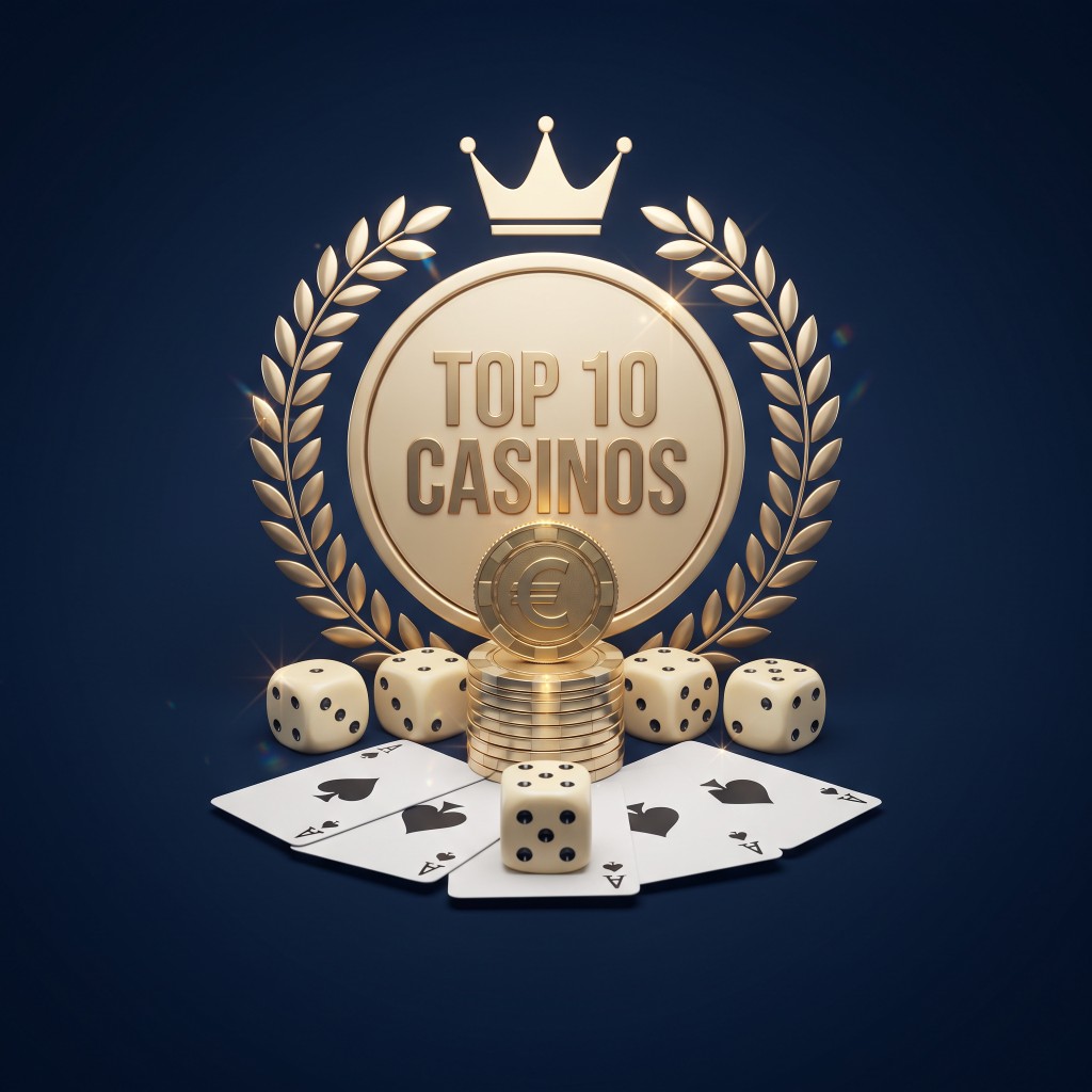 Gold medal reading Top 10 Casinos, with a crown, laurel wreath, dice, aces and a euro chip